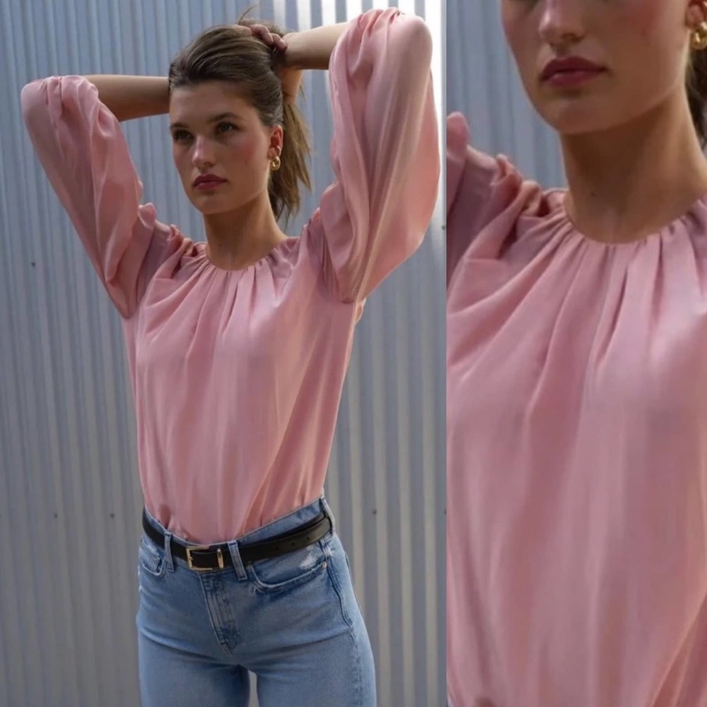 AYR Fancytown Silk Satin Pink Puff Sleeve Pleated Feminine Blouse Medium